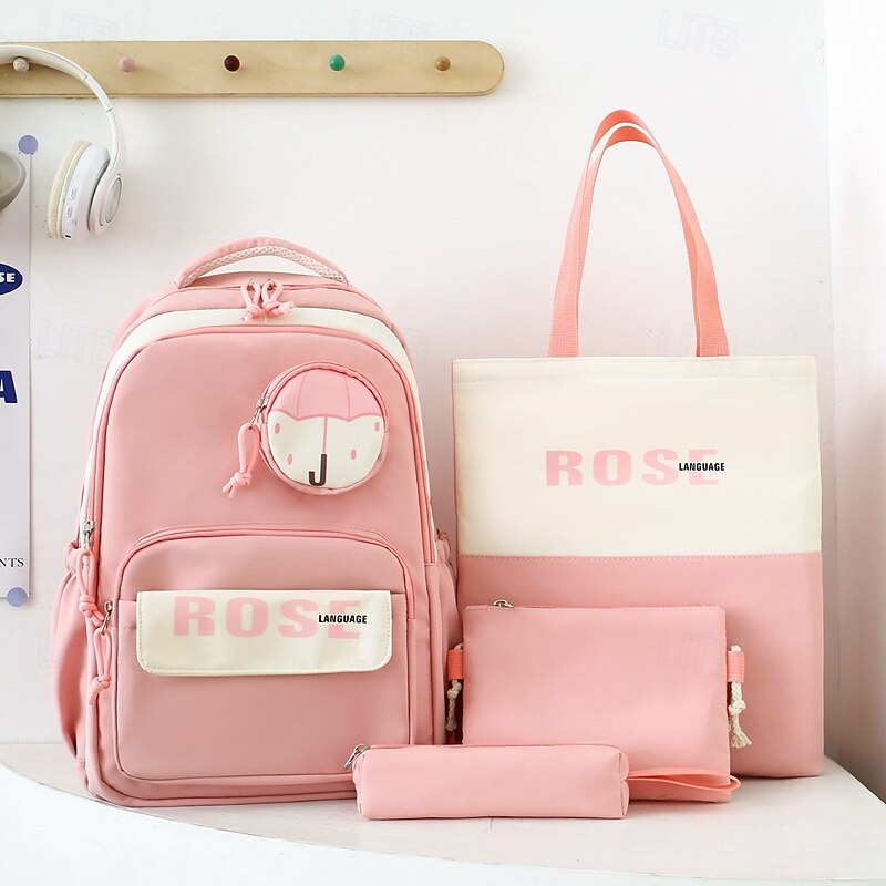 4-Piece Pink School Backpack Set for Girls – Cute Bookbag with Tote Bag, Pencil Case, Pouch & Crossbody for Teen Students