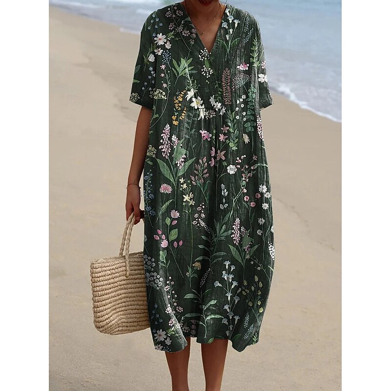 Women's Midi Dress Sundress A Line Dress Vacation Casual Beach Party Going out Beach Loose Fit Floral Graphic Leaf Short Sleeve V Neck Deep Green Green Summer Spring3