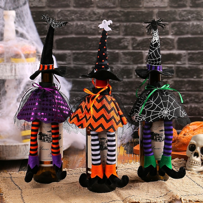 Halloween Witch Wine Bottle Cover Decoration Witch Hat Long Legs Wine Bottle Cover Decoration, Funny Champagne Bottle Bag Table Centerpiece for Halloween Party Dining Room Decor