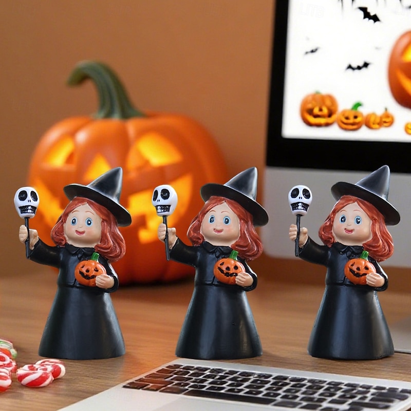 3PCS Halloween Resin Little Witch Figurines Set, Cute Spooky Decorations for Home Desktop, Bookshelf, Outdoor Yard, Lawn, and Planter Display