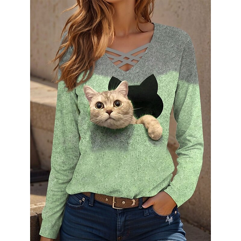 Women's T Shirt Graphic Animal Cat Vintage Stylish Classic Long Sleeve V Neck Regular Tops Daily Cut Out Print Blue Purple Green Khaki Spring Fall4
