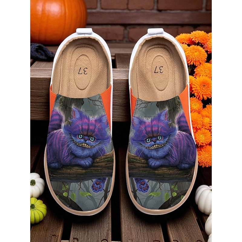 Women's Halloween Cat Print Travel Shoes – Comfortable Slip-On Casual Flats for Walking & Vacation, Lightweight Witch-Themed Footwear for Fall & Holiday Outfits Vincent Hie
