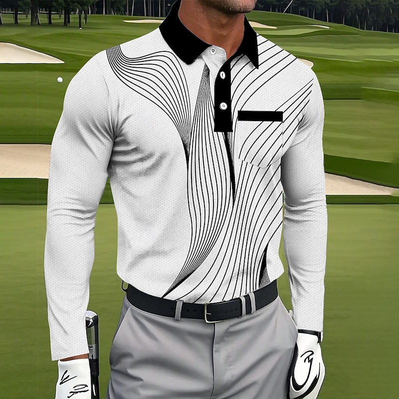 Men's Geometric Golf Polo Sports Polo Shirts Long Sleeve Polo Shirts Collared Shirts Sportswear Business Casual Athleisure Daily Wear Pocket 3D Print Buttons Spring Fall Black Red Blue2