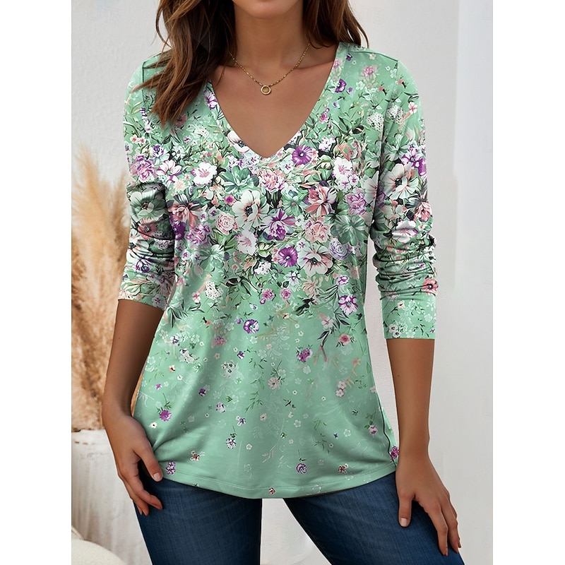 Women's T Shirt V Neck Long Sleeve Tunic Floral Graphic Plants Vintage Stylish Classic Regular Tops Daily Print Pink Blue Green Summer Spring Fall