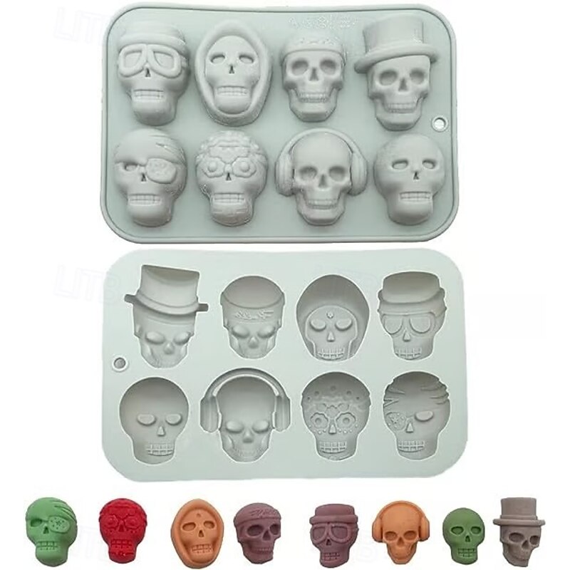 2 Pack Halloween Skull Silicone Molds, Assorted Skull Designs Baking Molds for Cake, Ice Cubes, Candy, Wax, Resin – Reusable Silicone Tray for Halloween Party DIY Crafts