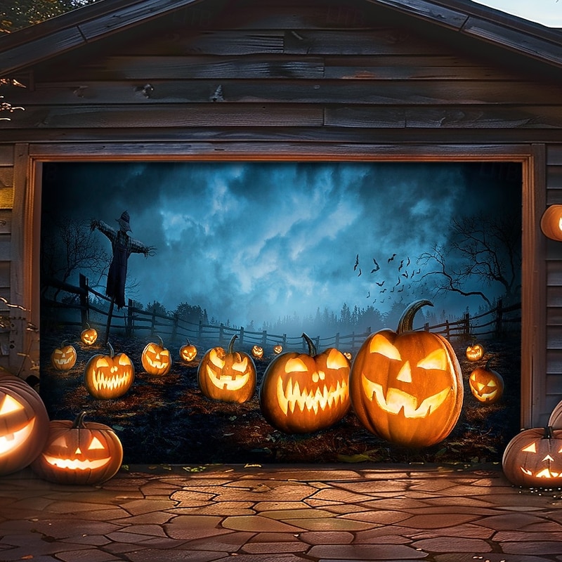Halloween Garage Door Cover Banner Backdrop – Haunted Pumpkin Patch under Moonlight, Oversized Outdoor Decoration, Easy-Hang Design for 2025 Halloween Outdoor Decoration