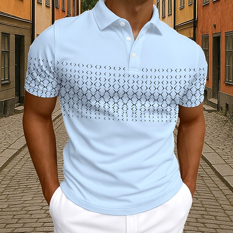 Men's Polo Business Casual Turndown Short Sleeve Geometric Buttons Summer Black White Blue Light Grey Polo4