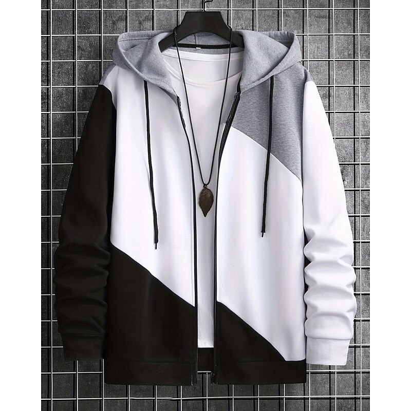 Men's Hoodie Full Zip Hoodie Zip Up Hoodies Fleece Jacket Fleece Hoodie White Hooded Plain Patchwork Pocket Sports & Outdoor Daily Holiday Polyester Streetwear Basic Casual Fall Winter Clothing2