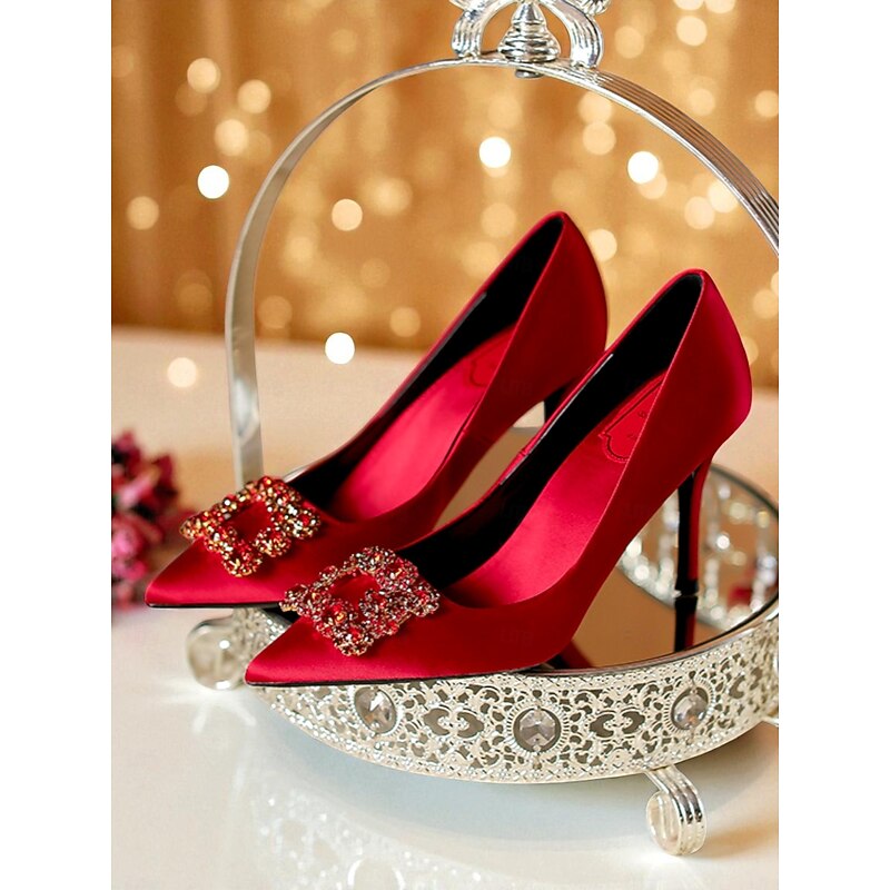 Women's Gold Satin Pointed Toe High Heels - Elegant Rhinestone Buckle Dress Pumps for Cocktail Parties and Evening Events2