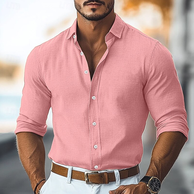 Men's Shirt Linen Shirt Summer Shirt Beach Shirt Button Up Shirt Plain Vacation Curise Black Pink Green Light Blue Long Sleeve Collar Spring & Summer All Seasons Clothing Apparel