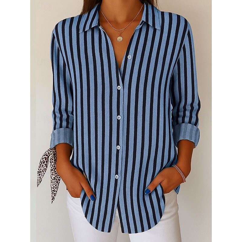 Women's Shirt Button Down Tunic Shirt Collar Long Sleeve Graphic Striped Vintage Tropical Daily V Neck Regular Tops Work Daily s Print White Pink Blue Purple Green Spring4
