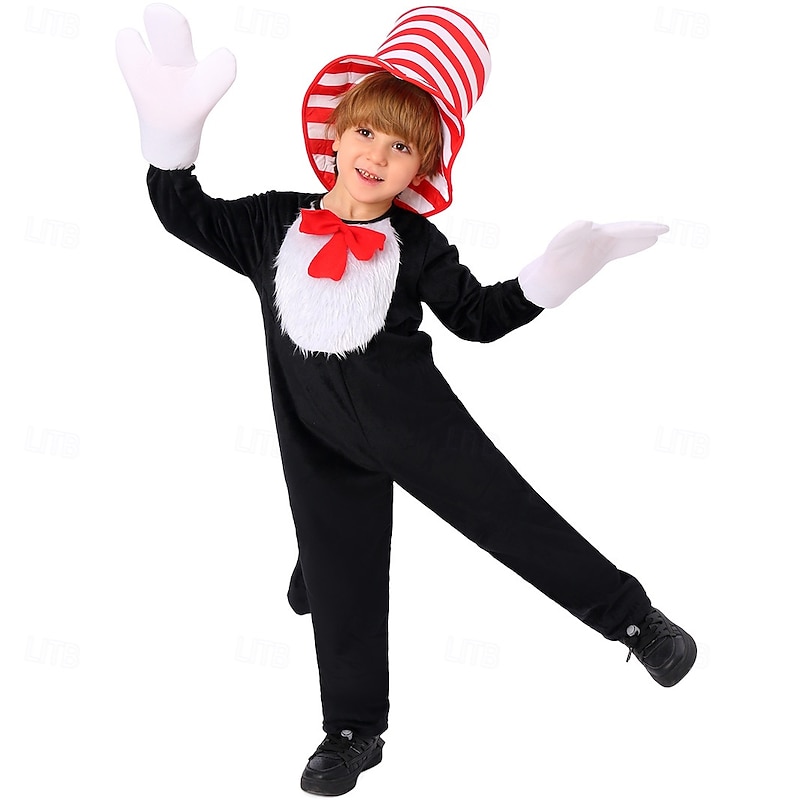 The Cat in the Hat Cosplay Jumpsuit Onesie Costume Cartoon Movie Cosplay for Boys' Girls' Kid's Halloween Carnival World Book Day Performance Educational Dress Up School Event Dress Up