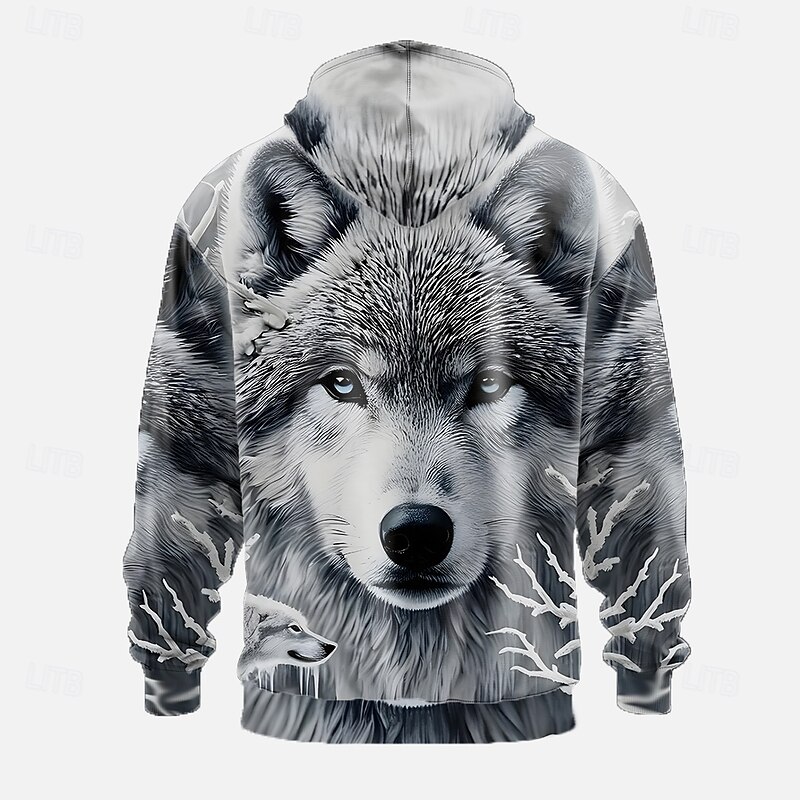 Men's Wolf 3D Hoodies Sweatshirt Cool Party Long Sleeve Crew Neck Club Streetwear White Blue Drawstring Fall Winter Designer2