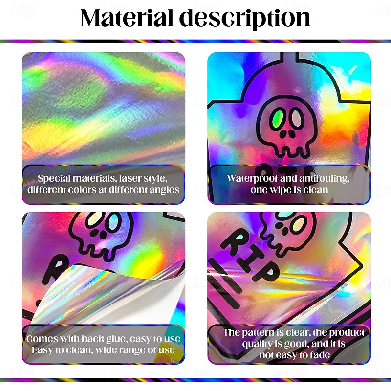 Halloween Holographic Skull Wall Stickers, Iridescent Gradient Decals for Festival Home Room Decor, Removable Halloween Party Wall Decorations2