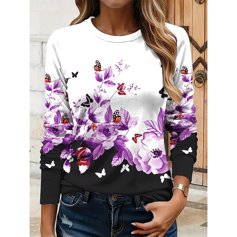 Women's T shirt Crew Neck Long Sleeve Tunic Floral Graphic Butterfly Vintage Stylish Classic  Round Neck Regular Tops Daily Print Yellow Red Blue Purple Green Fall