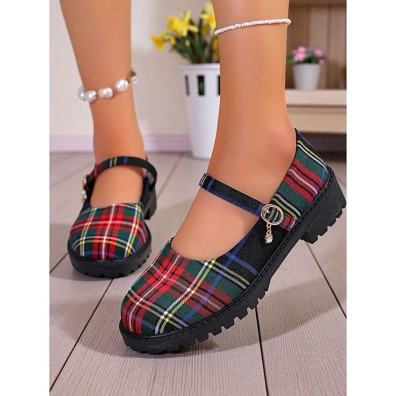 Women's Red Plaid Mary Jane Flats - Chunky Sole Tartan Shoes with Buckle Strap, Casual School Style for Teens and Fall Outfits2