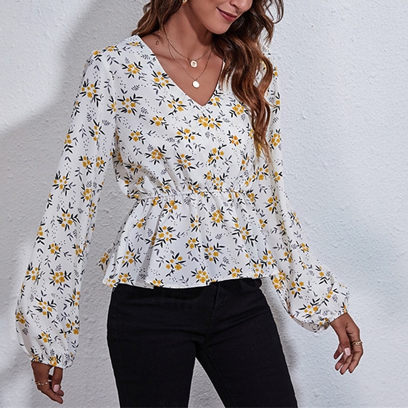 Women's Summer Tops Floral Daily Stylish Basic Long Sleeve Lantern Sleeve V Neck Regular Tops Work Daily Holiday Print White Summer Spring3