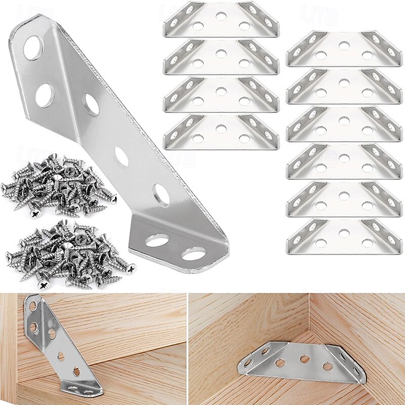 10pcs Multifunctional Stainless Steel Angle Code Right Angle Fixed Bracket with 80pcs Screws Furniture Wood Board Angle Hardware Accessories