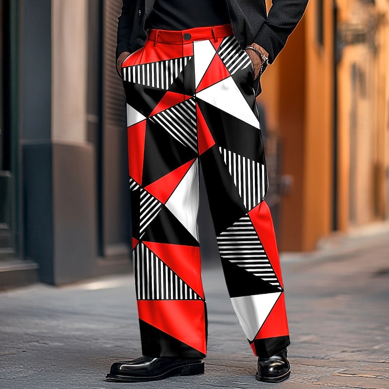 Men's Trousers Dress Pants Geometric Color Block Full Length Holiday Streetwear Dads Day Gifts Casual Loose Fit Red Navy Blue Micro-elastic