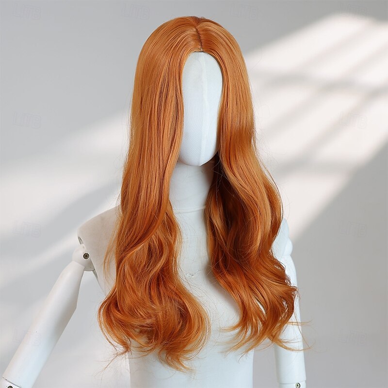 20‑Inch Mid‑Length Orange Wavy Halloween Wig – Center Part, No Bangs, Heat‑Resistant Synthetic Hair for Cosplay & Photo Shoots3