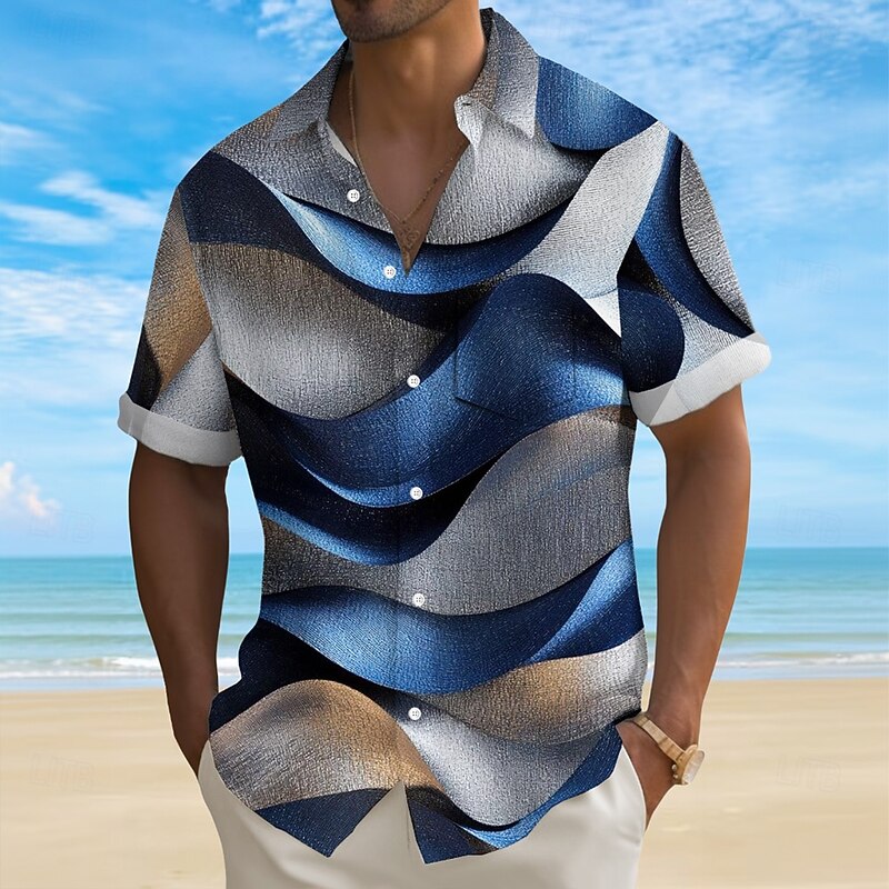 Men's Gradient Waves Color-blocking Shirt Summer Shirt Button Up Shirt Short Sleeve Fashion Casual Outdoor Vacation Dailywear Summer Spring Turndown 3D Print Collared Shirts Front One Pocket Blue Gray4