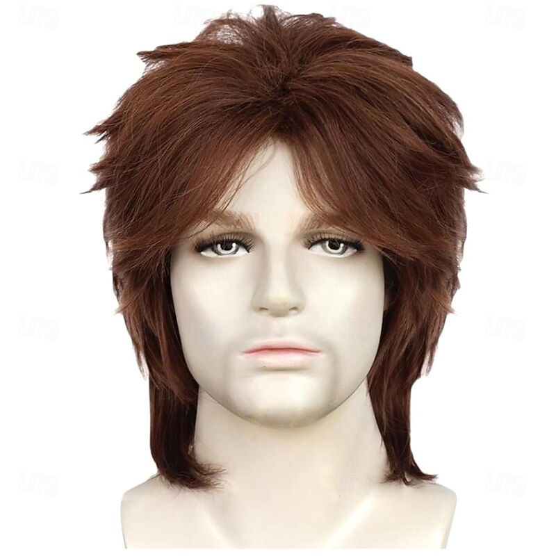 Brown 70s 80s Male Wig Mens Brown Fluffy Mullet Punk Rocker Wig California Heat Resistant Synthetic Hair for Halloween Party Cosplay Costume2