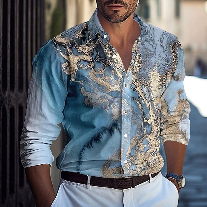 Men's Marble Abstract Liquid Art Shirt Button Up Shirt Casual Dress Shirt Long Sleeve Fashion Casual Vacation Daily Streetwear Summer Spring Turndown 3D Print Collared Shirts Blue Gray2
