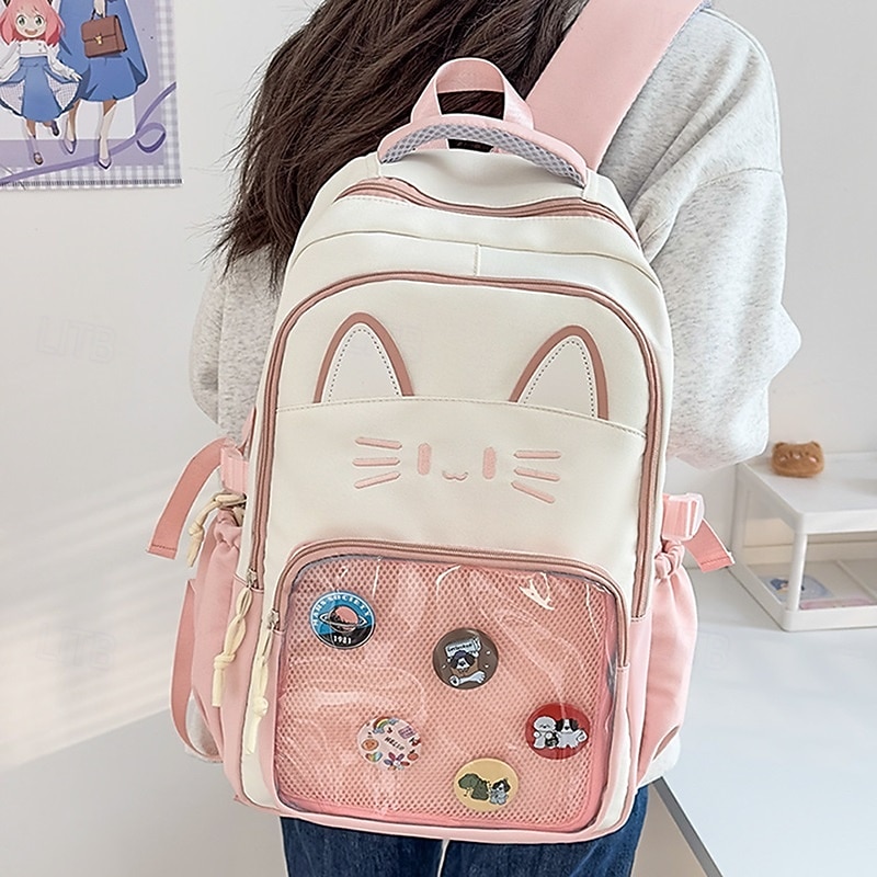 Girls' Kawaii Cat Ear Backpack – Cute Pink School Bag with Clear Display Pocket and Cartoon Pins for Teens and Kids