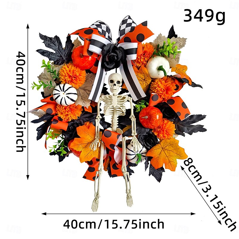 Halloween Skeleton Wreath for Front Door Indoor Outdoor Decoration, Maple Leaf Pumpkin Skull Garland with Twigs and Faux Flowers, Spooky Vine Ring for Party Decor3