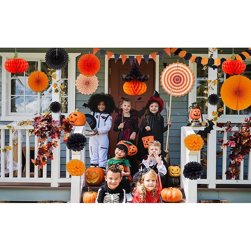 Halloween Party Decoration Holiday Set – Colorful Paper Fans and Tissue Flower Balls Kit, Window Display Hanging Decorations for Halloween, Wedding, Birthday, Festival Banners and Party Backdrops2