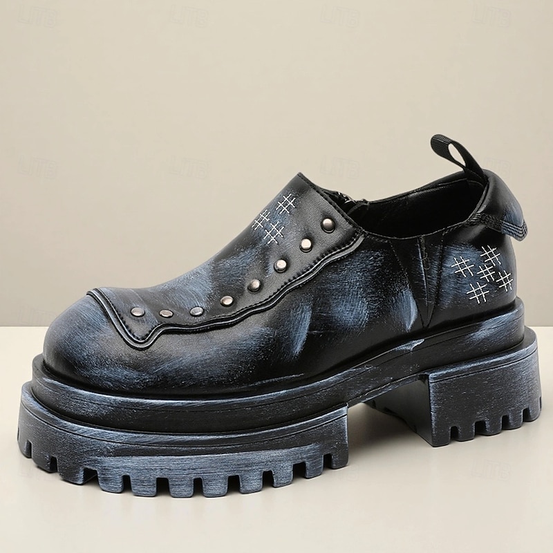 Men's Black Studded Slip-On Platform Shoes – Gothic Chunky Sole Loafers for Punk Rock Fashion & Streetwear