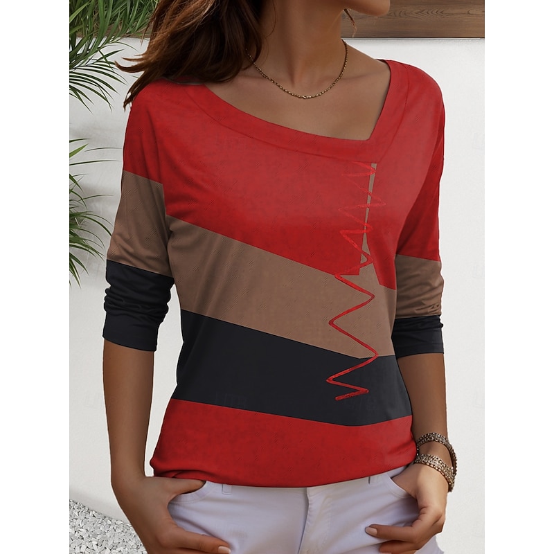 Women's T Shirt Graphic Geometric Vintage Casual Long Sleeve Asymmetric Neck Regular Tops Daily Print Yellow Red Royal Blue Purple Spring Fall