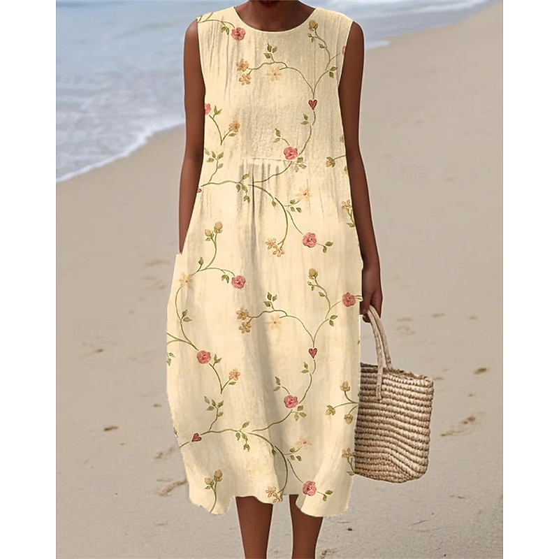 Women's Midi Dress Casual Dress Summer Dress Fashion Modern Daily Beach Weekend Regular Fit Flower Sleeveless Crew Neck White Yellow Fall4