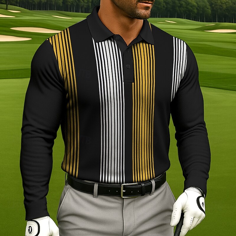 Men's Golf Line Polo Sports Polo Shirts Long Sleeve Polo Shirts Collared Shirts Sportswear Casual Athleisure 3D Print Spring Fall Black White
