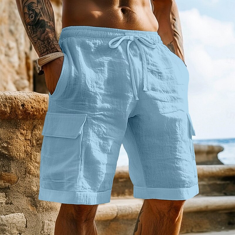 Men's Cargo Shorts Shorts Linen Shorts Summer Shorts Beach Shorts Drawstring Elastic Waist Multi Pocket Plain Knee Length Outdoor Daily Beach Vacation Hawaiian Black White Stretchy
