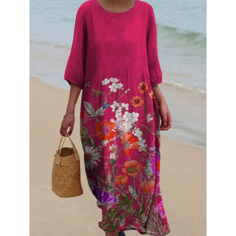 Women's Midi Dress Casual Dress Print Dress Fashion Modern Daily Beach Weekend Regular Fit Floral 3/4 Length Sleeve Crew Neck White Fuchsia Khaki Apricot Spring Fall Autumn4