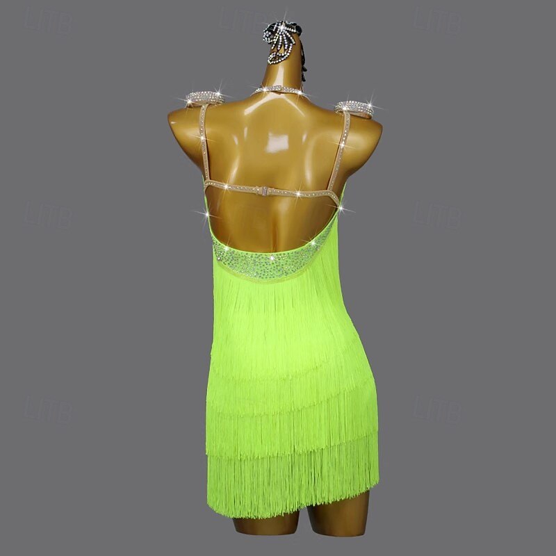Latin Salsa Dance Dress Rhinestone Tassel Pure Color Women's Performance Rumba Salsa Dancewear Costumes Sleeveless2