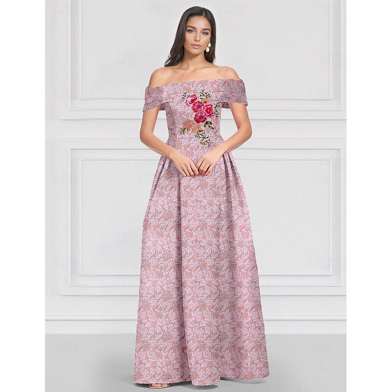 Jacquard Embroidered Floral A-Line Evening Gown Elegant Dress Formal Wedding Floor Length Sleeveless Off Shoulder with Pleats4
