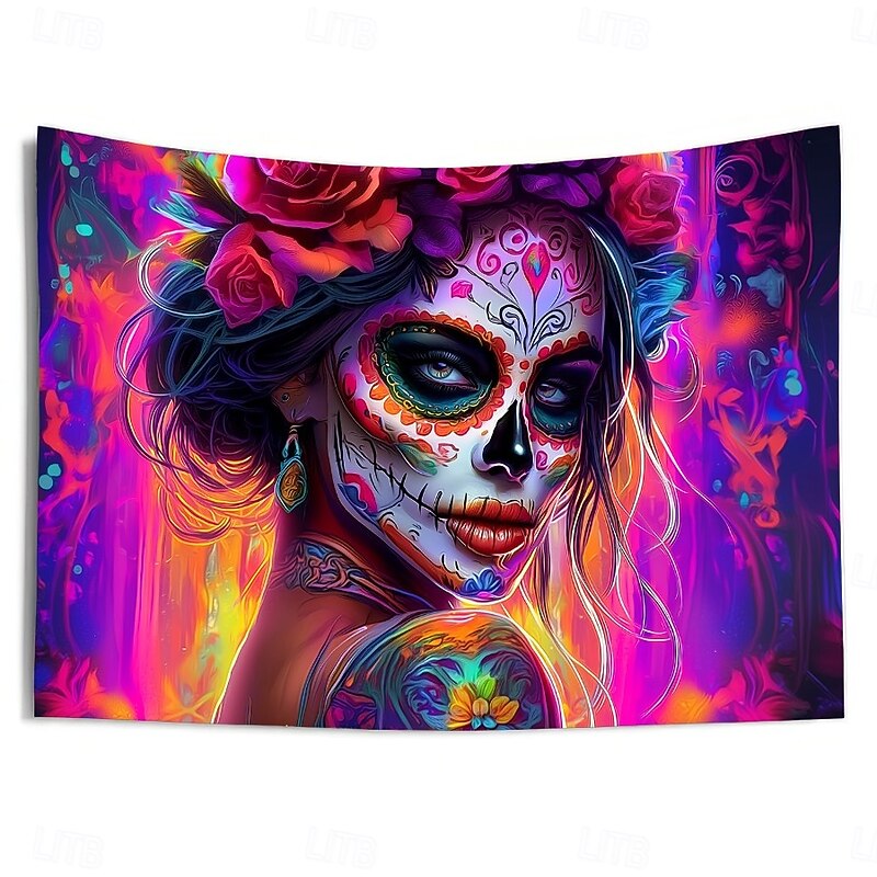 Halloween Blacklight Wall Tapestry – UV Reactive Day of the Dead Woman Skull Face with Flowers, Neon Colors Gothic Horror Theme, Glow in the Dark Wall Hanging for 2025 Halloween Party Decoration4