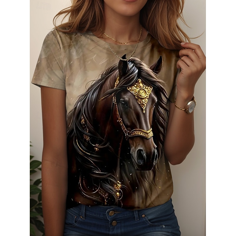 Women's T Shirt Graphic Animal Horse Vintage Fashion Stylish Short Sleeve Crew Neck Round Neck Regular Tops Daily Weekend Print Light Brown Blue Dusty Blue Summer Spring3