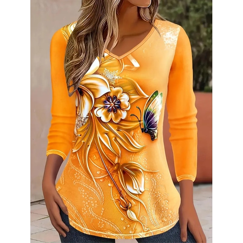 Women's T Shirt V Neck Long Sleeve Tunic Floral Graphic Geometric Bohemia Vintage Tropical Short Sleeve Regular Tops Daily Going out Weekend Print Yellow Red Blue off-white Gray Summer Spring