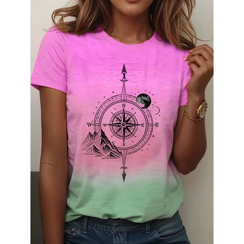 Women's T Shirt Ombre Graphic Vintage Stylish Classic Short Sleeve Crew Neck Regular Tops Daily Weekend Print Pink Blue Orange Green Summer Spring3