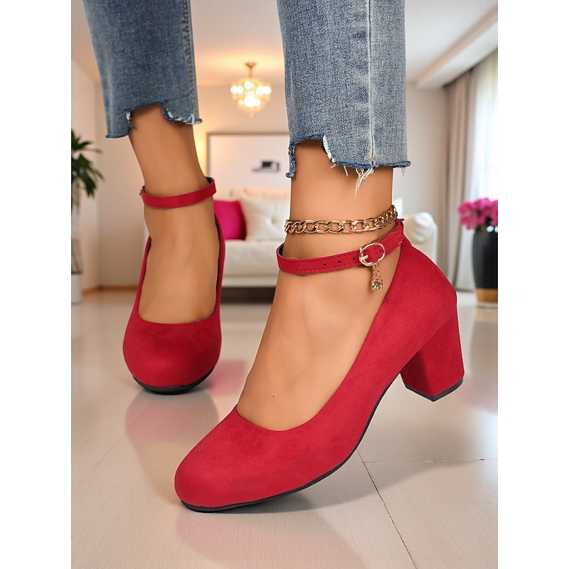 Women's Red Block Heel Mary Jane Pumps - Faux Suede Round Toe Dress Shoes with Ankle Strap, Vintage Style for Office,Parties and Daily Wear