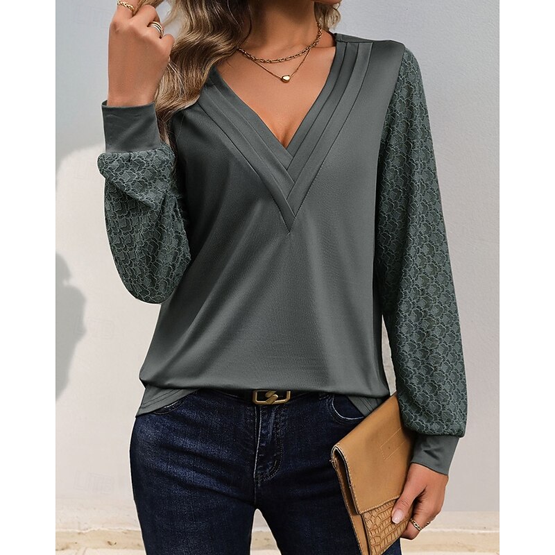 Women's Texture Blouse T Shirt Tee Top Plain Fashion Modern Long Sleeve V Neck Regular Tops Daily Going out Lace Patchwork Light Grey Spring Fall