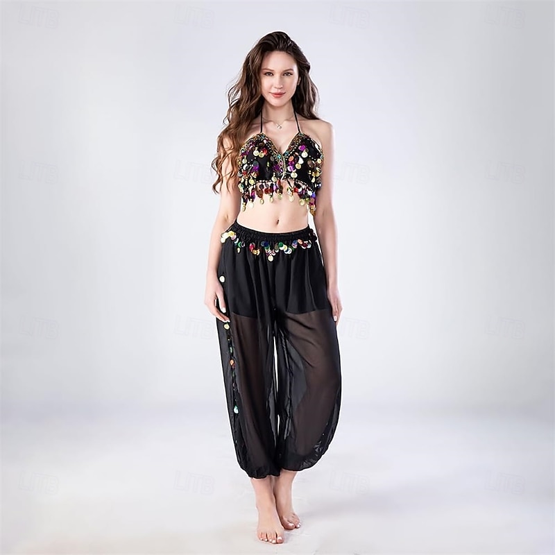 Women's Belly Dance Pants Elastic Wasited Coin Lantern Pants Side Split Sequin Shiny Harem Arabian India Performance Trousers2