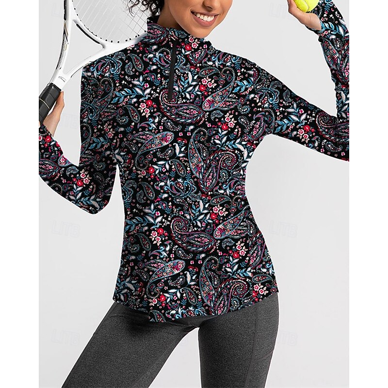 Women's Floral Botanical Golf Polo Shirt Tennis Shirt Long Sleeve Print Quarter Zip Pullover UV Protection Elastic Breathable Tennis Golf Pickleball Zip Collar Shirt Polo Black Tennis Clothing3