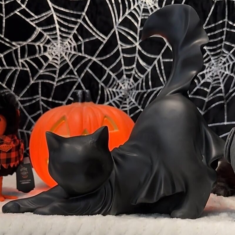 Halloween Black Cat Sculpture Ghost Black Cat Halloween Ornament Cute Resin Spooky Cats for Indoor/Outdoor Halloween Party Decoration Perfect Halloween Gift for Cat Lovers3