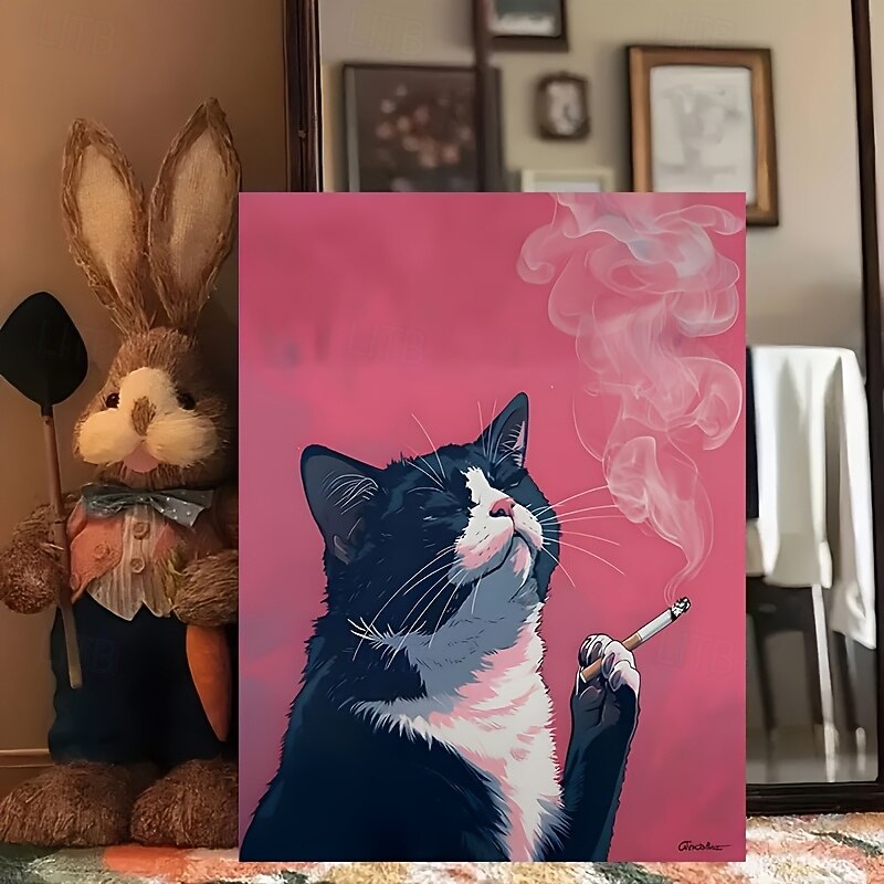 Room Decor 1pc Smoking Cat Canvas Print Poster Black Cat Theme Wall Art Decor Unique Creative Wall Art for Living Room Bedroom Office Restaurant Waterproof Frameless2