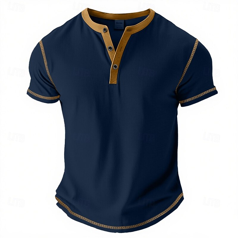 Men's Henley Shirt Tee Top Cotton Blend T-Shirt Short Sleeve Plain Fashion Designer Basic Contrast Lace Henley Vacation Street Casual Summer All Seasons Purple Navy Blue Royal Blue Henley T-Shirt