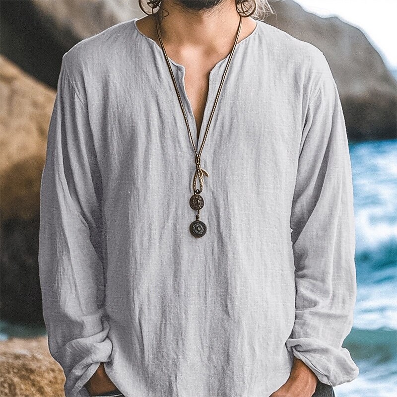Men's Shirt Linen Shirt Summer Shirt Beach Shirt Solid Color Vacation Casual Black White Green Khaki Long Sleeve V Neck All Seasons Clothing Apparel Basic2